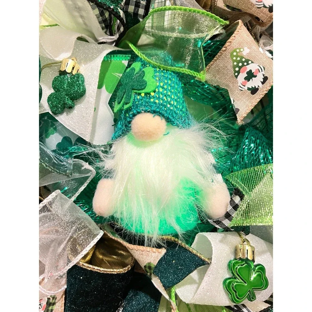 13” St. Patrick’s Day Ribbon Wreath Gnomes : Green & White Handmade MW9
